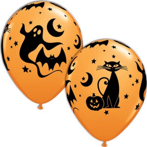 Halloween Kürbis, Fledermaus und Mond 27,5 cm 11" Latex Luftballons Qualatex