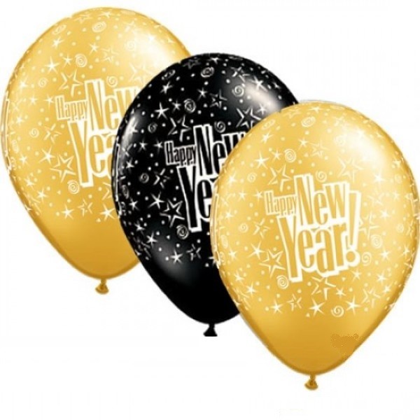 Happy New Year Starblast Schwarz und Gold 27,5 cm 11" Latex Luftballons