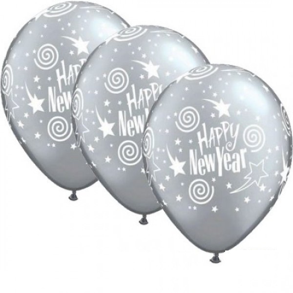 Happy New Year Silber 27,5cm 11" Latex Luftballons Qualatex