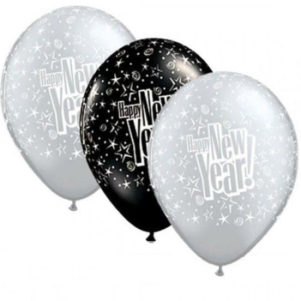 Happy New Year Starblast Schwarz und Silber 27,5 cm 11" Latex Luftballons