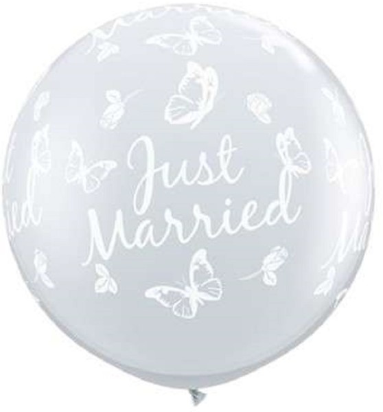 Just Married Roses und Butterflies Clear 90cm 36 Inch Latex Riesenluftballons Qualatex