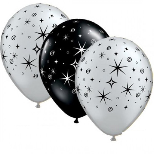 Sparkles and Swirls silber und schwarz 27,5cm 11" Latex Luftballons Qualatex